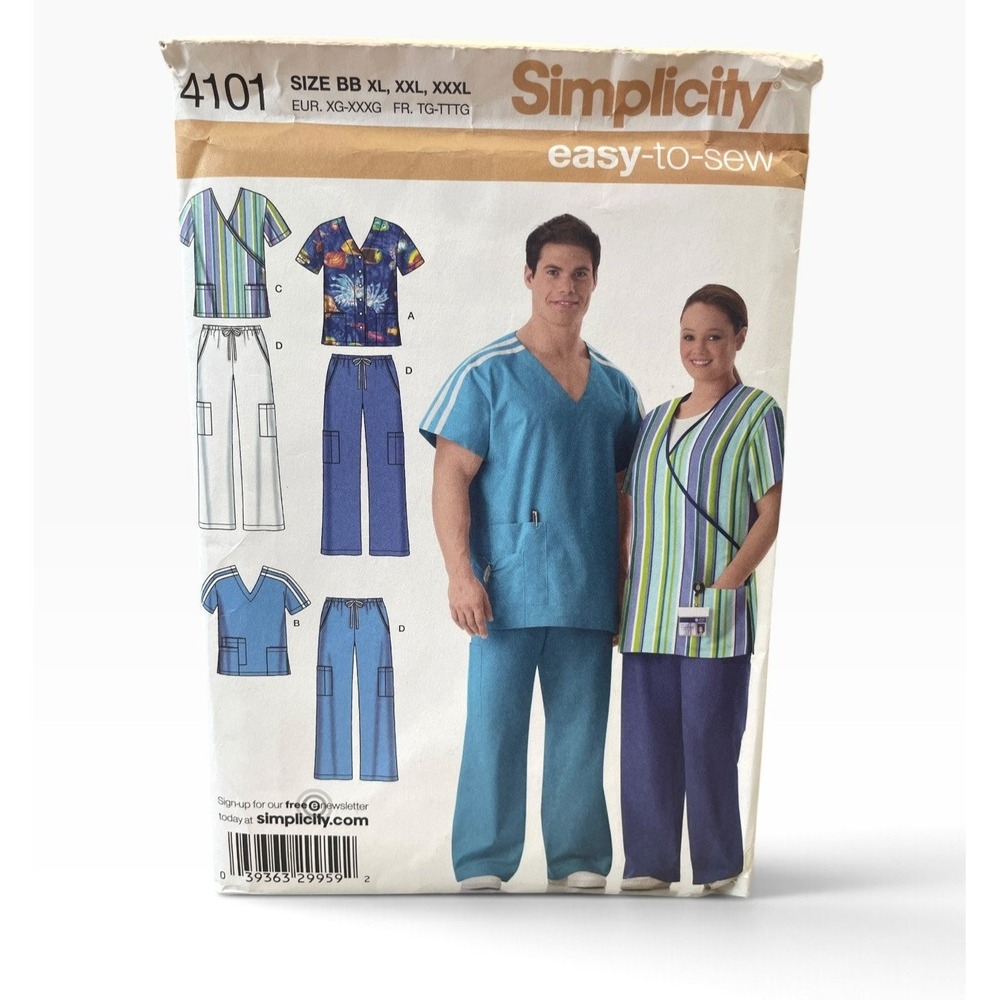Simplicity Sewing Pattern Unisex XL XXL XXXL Scrubs Top Pants 4101 Easy-To-Sew